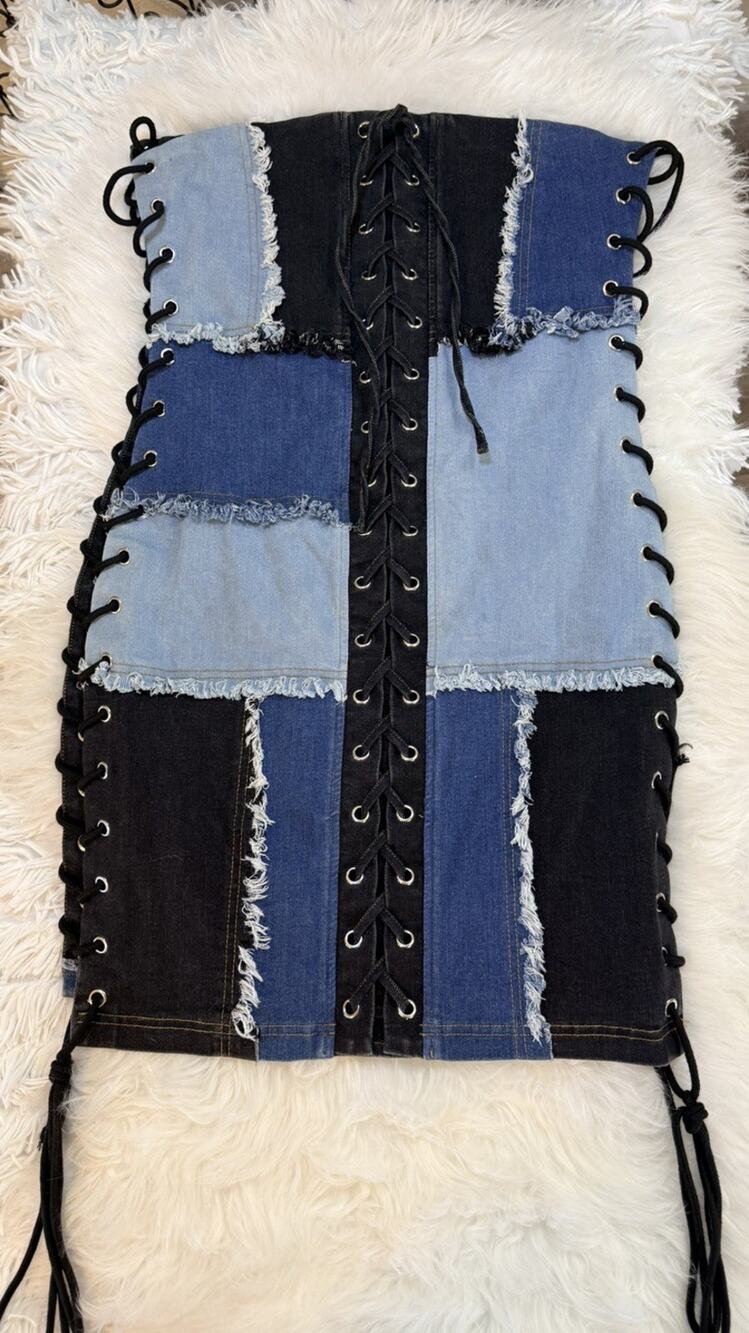 Akira Strapless, Patchwork, Side Closure, Denim Dress-M